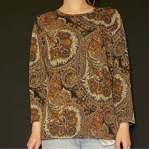 Vintage jewel toned paisley mesh three quarter sleeve top - Picture 2 of 3
